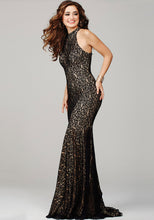 Load image into Gallery viewer, Sexy Jovani Stretch Lace Halter neck Evening Prom Dress 25100, Black/nude, size 6
