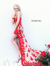 Load image into Gallery viewer, High-low  red/nude French lace evening gown w/ train Sherri Hill 21016 size 6
