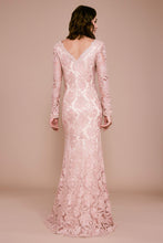 Load image into Gallery viewer, Tadashi Shoji Lace Evening Gown BJP18033L w/Sleeves, Blush/Gold, size 14

