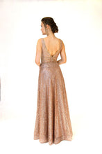 Load image into Gallery viewer, Evening Prom Dress by Let&#39;s, Glittery, V-cut, Rose-Gold, Size M
