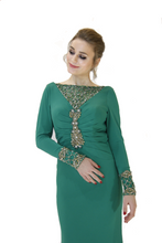 Load image into Gallery viewer, Tony Bowls Long Sleeve Stretch Jersey Open Back Evening Gown Green, Size 6
