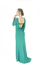 Load image into Gallery viewer, Tony Bowls Long Sleeve Stretch Jersey Open Back Evening Gown Green, Size 6
