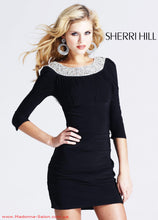 Load image into Gallery viewer, Sherri Hill Black Open Back Short Cocktail Dress Sleeves, Stretch Jersey 1522,  size 8
