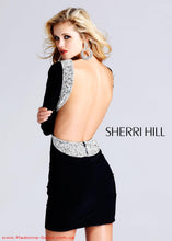 Load image into Gallery viewer, Sherri Hill Black Open Back Short Cocktail Dress Sleeves, Stretch Jersey 1522,  size 8
