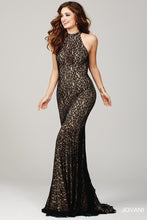 Load image into Gallery viewer, Sexy Jovani Stretch Lace Halter neck Evening Prom Dress 25100, Black/nude, size 6
