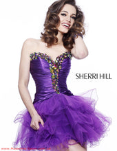Load image into Gallery viewer, Sherri Hill Strapless Cocktail Prom Dress with a Ruched skirt 2912, Purple, size 6

