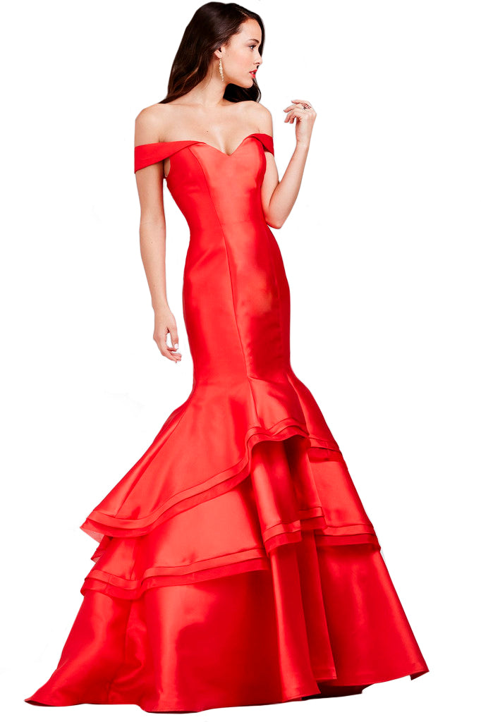 Jovani Mermaid Evening Prom Dress 31100, Red size 6, Off the Shoulder, Mikado fabric