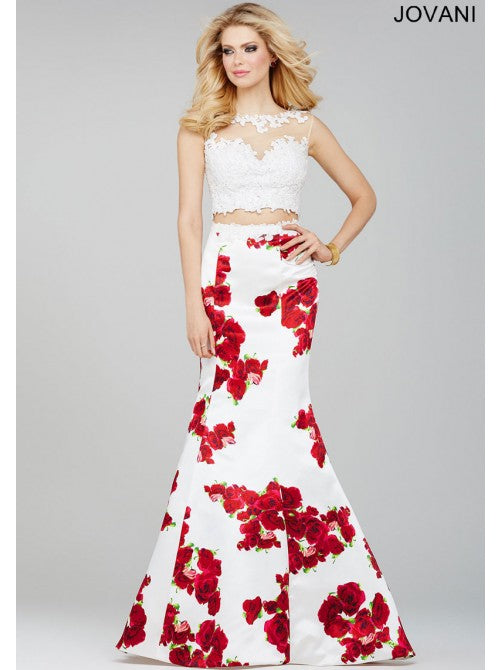 Jovani Evening Gown, Open Back Prom Dress 35349, White/Floral Print size 6