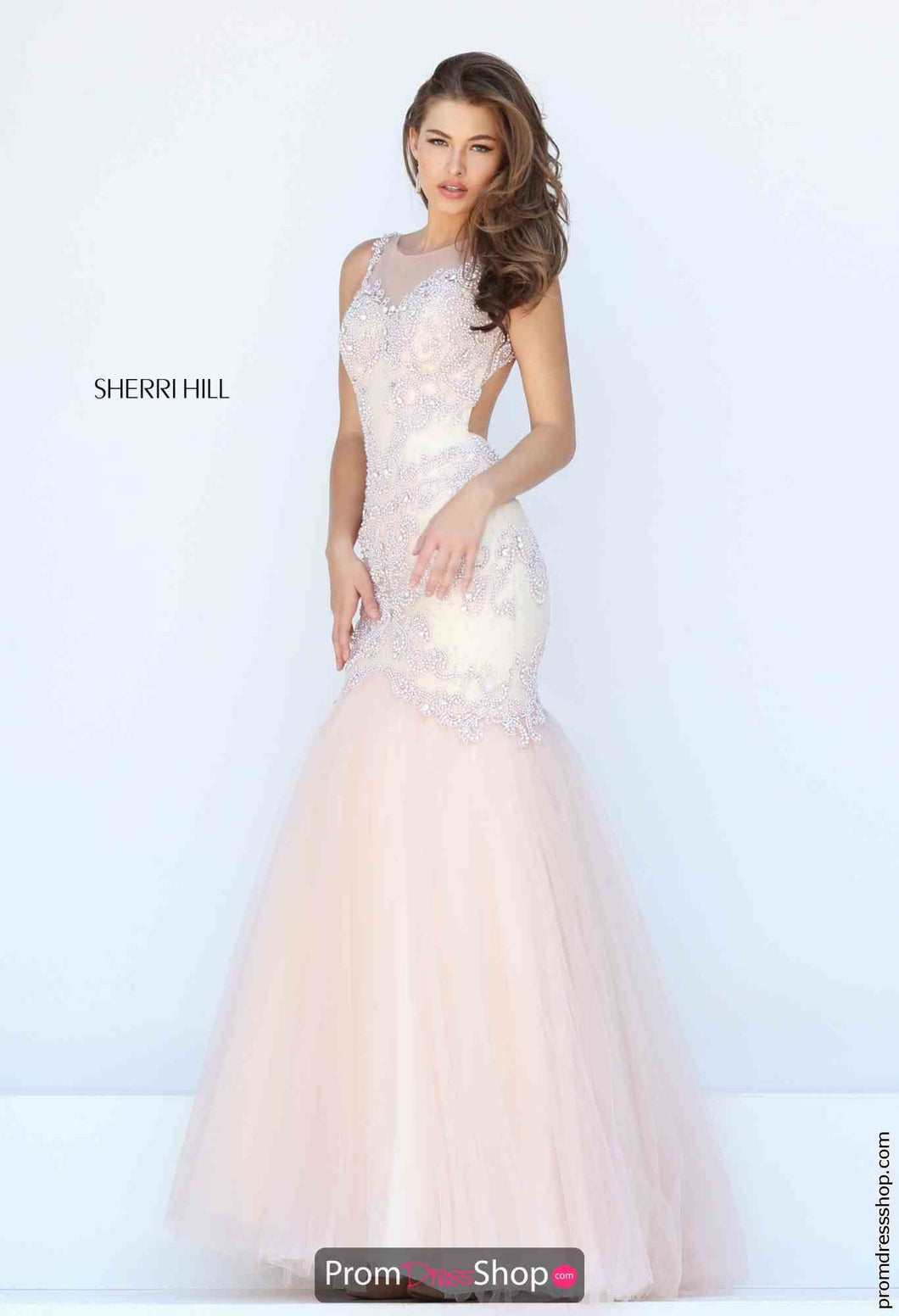 Sherri Hill Mermaid Beaded Tulle Evening Prom Dress Open Back 50290, blush, size 4