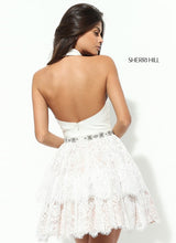 Load image into Gallery viewer, Sherri Hill Halter Neck, Open Back Lace Ivory Cocktail Dress, 50634, size 8
